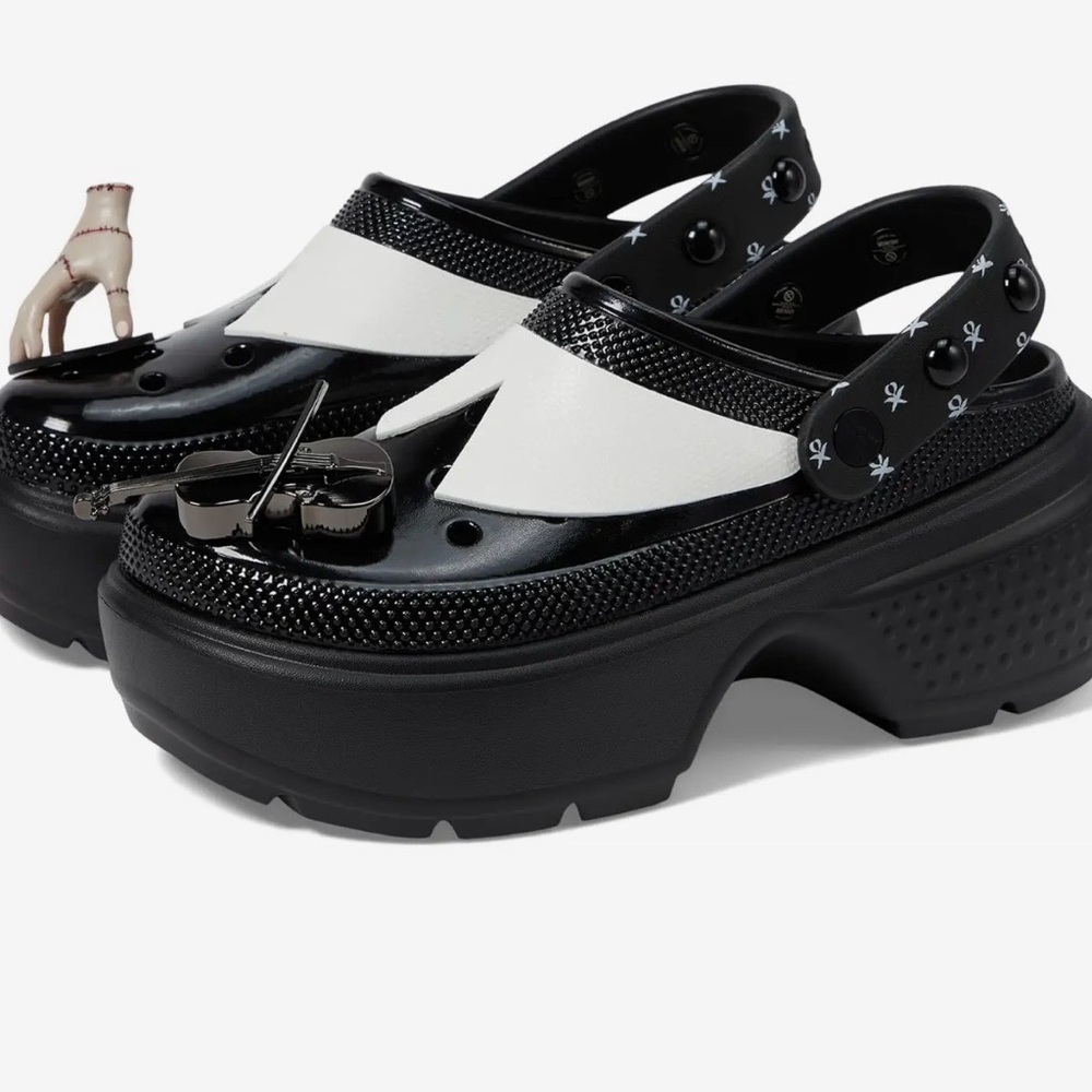 CROCS Black and White Platform Mules Wednesday Addams size 8